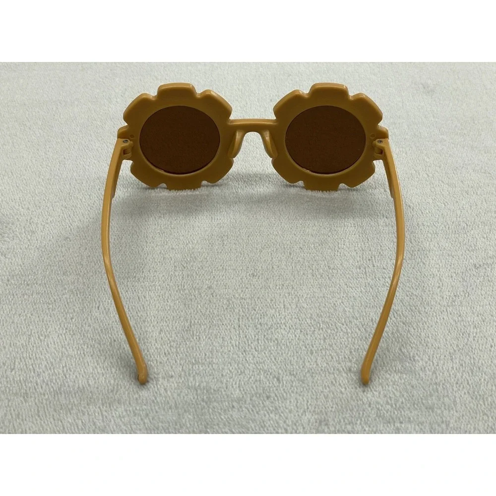 Retro Flower Round Sunglasses Kids Yellow Sunflower Frame Dark Lens w/ Pouch